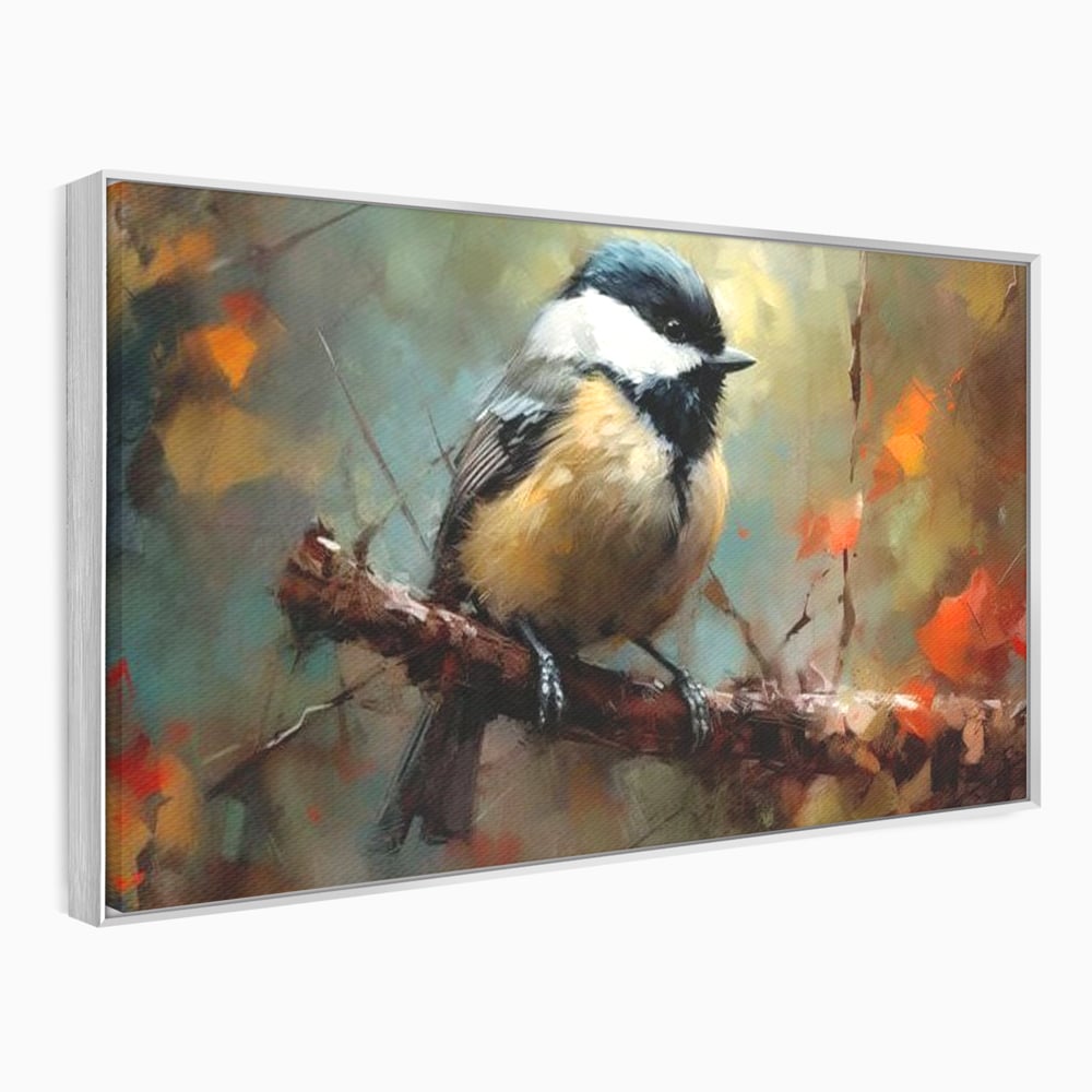 Tablou canvas cu tablou canvas cu pitigoi pe creanga, in rama de aluminiu argintiu
